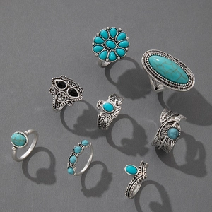 Detail of 8pcs bohemian vintage silver rings featuring turquoise and floral engravings