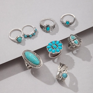 Eight-piece bohemian ring set with vintage silver finish and turquoise stones