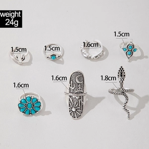 Detailed size guide of vintage turquoise rings set showing dimensions and 24g total weight