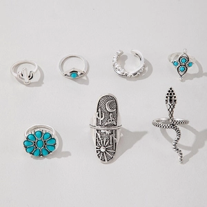 Detail view of vintage silver ring set with turquoise stones and bohemian floral patterns