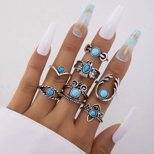 Detail of vintage silver boho ring set with turquoise stones and bohemian eagle motifs