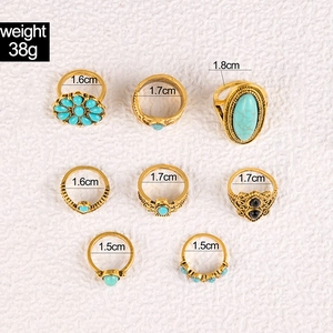 Detail view of vintage boho rings set with turquoise stones and floral leaf patterns