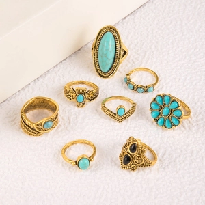 Detail of 8-piece vintage gold-tone bohemian ring set with turquoise and floral accents