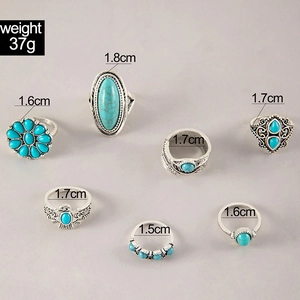 Macro detail of a 7-piece bohemian ring set with turquoise stones and eagle motifs