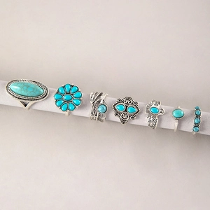 Detail of 7-piece vintage silver ring set with turquoise stones and eagle motifs