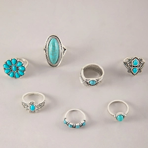Detail of 7-piece vintage silver alloy ring set with turquoise stones in bohemian style