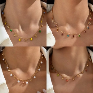 Alloy Necklace For Women With Colorful Artificial Gemstones French Retro Butterfly Heart Pendant Adjustable Chain