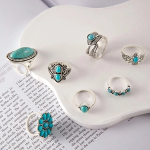 Detail of 7-piece bohemian ring set with turquoise stones and vintage silver eagle motifs