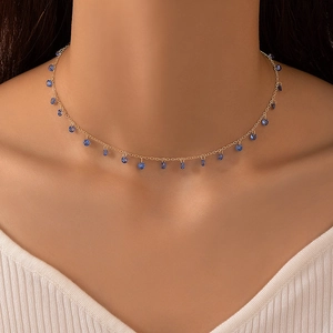 French vintage gold choker necklace featuring elegant blue crystal pendant beads