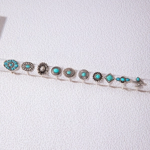 Bohemian silver rings set with turquoise stones featuring sunflower and cactus designs