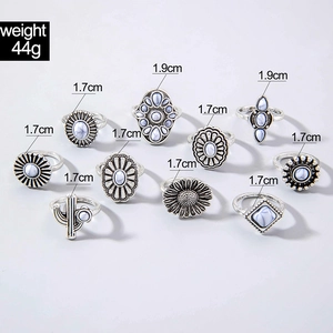 Detailed view of 10pcs vintage silver ring set with turquoise and floral patterns