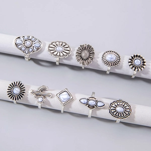 Detailed close-up of bohemian silver rings with turquoise stones on jewelry stands
