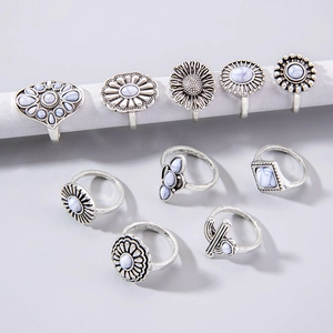 Detail view of 10-piece vintage silver bohemian ring set with turquoise and floral patterns