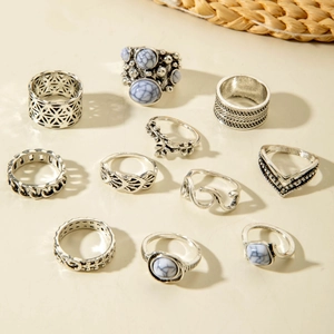 Detailed macro view of 11 vintage bohemian rings with turquoise stones and floral motifs