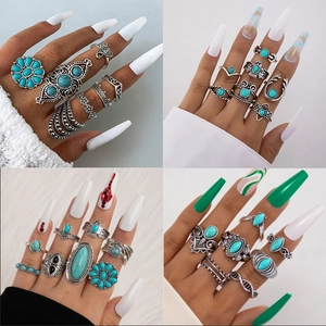Bohemian Vintage Alloy Synthetic Turquoise Resin Rings For Women Ethnic Floral Eagle Feather Moon Cactus Finger Jewelry