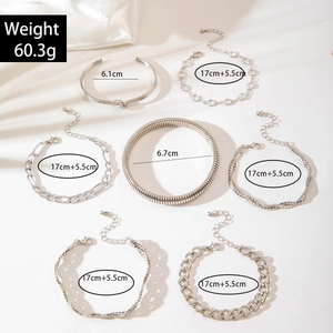 Seven-piece silver bracelet set showing detailed chain styles and dimensions, 60.3g weight