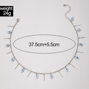 Detail showing evil eye pendant necklace dimensions 37.5cm plus 5.5cm extension chain