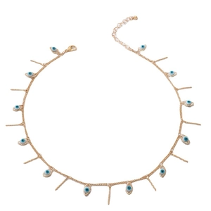 Gold-plated evil eye necklace with vertical bar pendants and blue enamel on white background