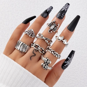 8-piece vintage silver punk ring set featuring skull, spider web and gothic motifs