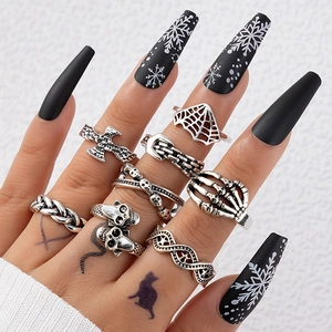 Macro detail of gothic silver rings set featuring skull and spider web punk designs