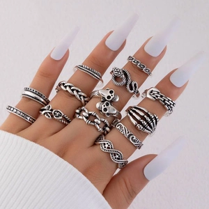 Detailed view of 13 vintage punk rings featuring skull, snake, and gothic feather designs