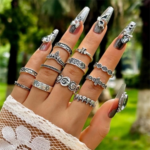 Close-up of vintage silver ring set with skull and bee motifs on model hand