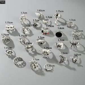 Detailed size chart showing inner diameters of 21 gothic punk rings with skull motifs
