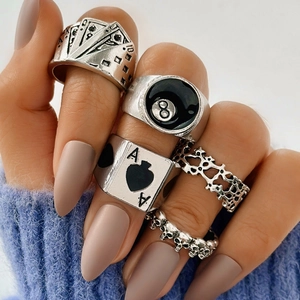 Detail of vintage punk silver ring set featuring retro spade A and skull motifs