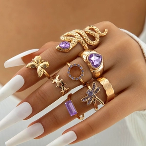 Bohemian Butterfly Snake Heart Star Gemstone Alloy Rings For Women Vintage Rhinestone Finger Jewelry Aesthetic Accessories