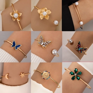Fashion Alloy Floral Pearl Open Bangle For Women Gold Silver Plated Butterfly Star Moon Snake Adjustable Jewelry Finger Bracelet
