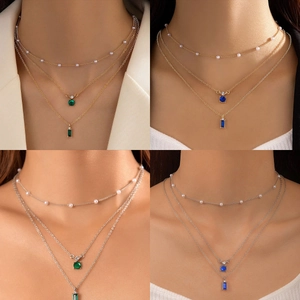 Collier Multi Rangs Alliage Strass Künstliche Perle D'imitation Pendentif Géométrique Style Français Rétro Pour Femmes