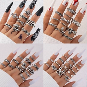 Vintage Gothic Punk Alloy Ring Collection For Women Antique Silver Finish Skull Butterfly Snake Face Knuckle Rings