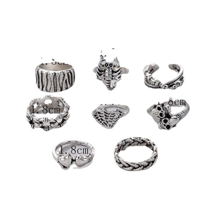 8pcs Gothic Punk Ring Set featuring skull, scorpion and spider web with vintage finish