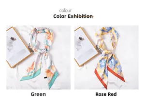 Detalle de pañuelos largos de seda con estampado floral en verde menta y amarillo limón