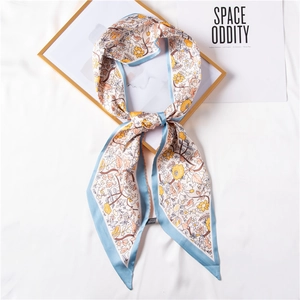 Women Floral Houndstooth Satin Twilly Scarf Double Sided Print Hair Band Bag Decoration Neck Tie Fashion Accessory