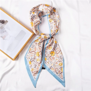 Floral print satin neck scarf featuring yellow flowers and light blue trim on white base