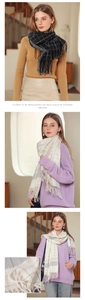 Dettaglio della morbida trama effetto cashmere e delle frange della sciarpa a quadri