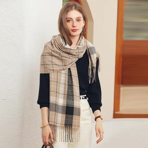 Sciarpa a quadri con frange beige e nera, scialle caldo e spesso per autunno e inverno
