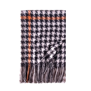 Écharpe d'hiver classique motif pied-de-poule avec rayures orange et bordure à franges