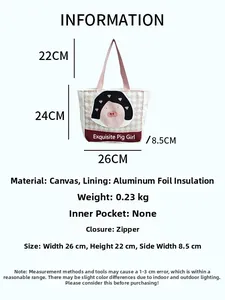 Detailed size specifications for canvas insulated lunch bag with foil lining and pig print