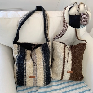 Winter faux fur plaid tote bags in striped and color-block designs with drawstrings