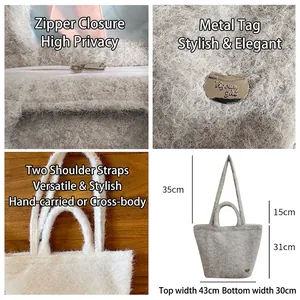 Gray plush faux fur tote bag with double straps and large capacity for women commuting