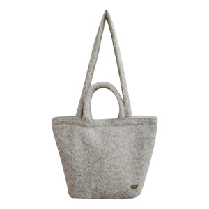 Light gray wool felt tote bag with dual-handle design and sleek metallic logo detail
