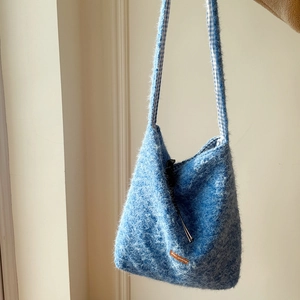 Blue fuzzy faux mohair crossbody bag with gingham strap and brown leather patch detail