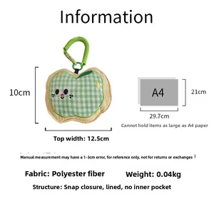 Detailed dimensions of apple-shaped green plaid plush earphone case with size comparison