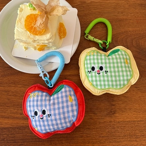 Cute Apple Shaped Checkered Fabric Earphone Bag Mini Cartoon Embroidery Coin Purse Bag Charm With Spring Lanyard For Women