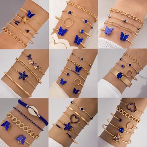 Bracelets En Alliage Doré Pour Femmes Strass Bleu Papillon Mauvais Oeil Coeur Joncs Superposés Accessoires Bijoux