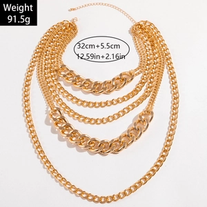 Detail view of multi-layered gold aluminum chain necklace showing 32cm size and 91g weight