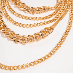 Detail of high-polished gold alloy multi-layered link chains and classic round pendants