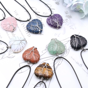 Silver tree of life wire wrapped heart gemstone necklaces with amethyst and rose quartz